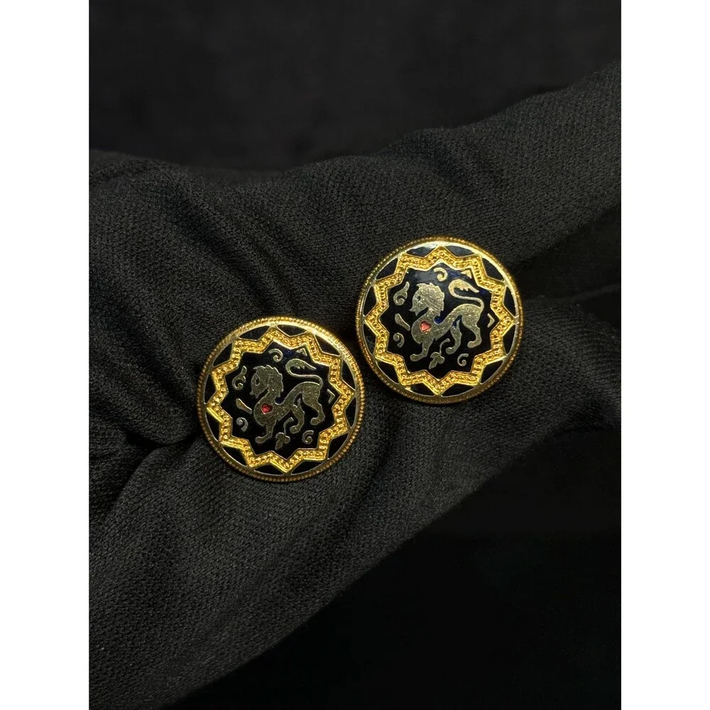 Vintage Spanish Gold Tone Lion Cufflinks Black Enamel Red Rhinestone